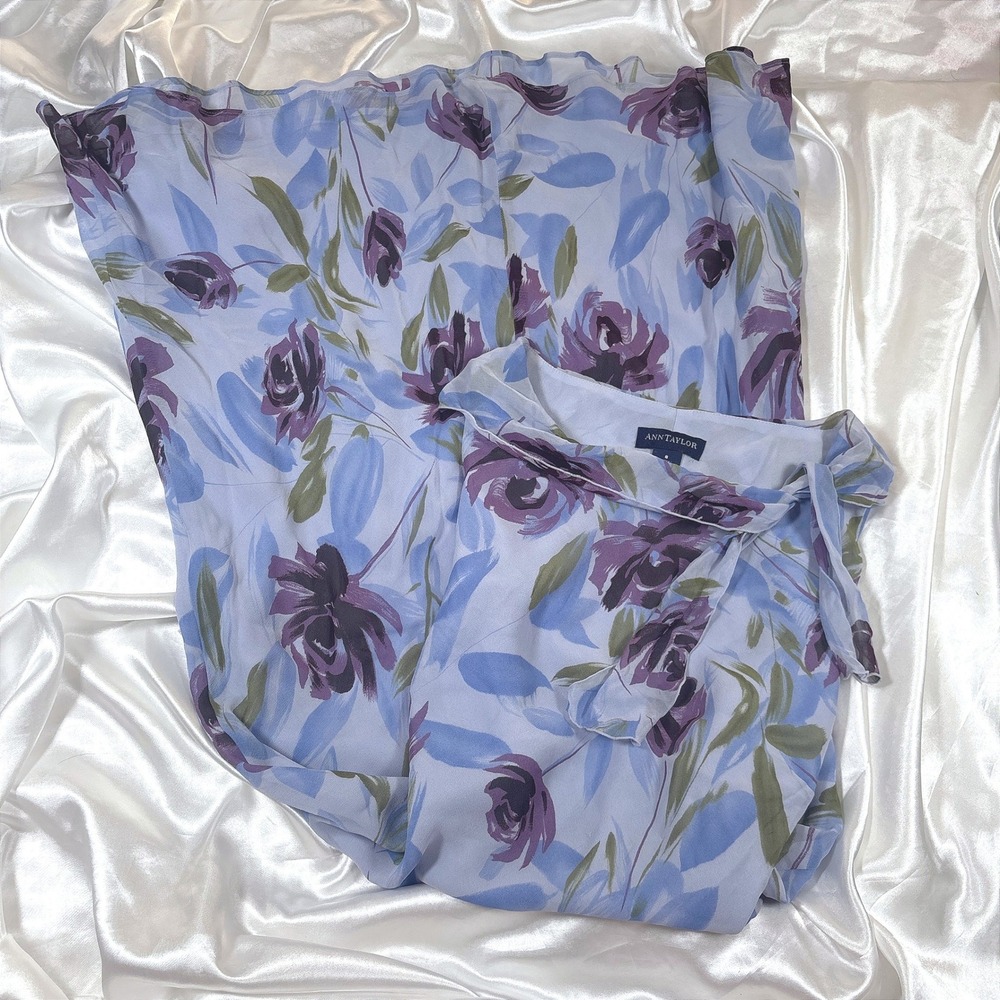 Vintage Ann Taylor Dress Blue Excellent Silk Floral Ruffle Tie Midi 8